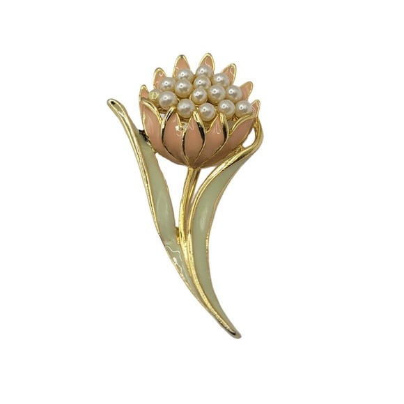 Vintage Pink Green Enamel Faux Pearl Gold Tone Flower Stem Brooch Pin - Picture 1 of 4